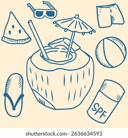 Hand-drawn summer doodle vector with fresh coconut drink, beach ball, sunglasses, and holiday essentials. Fun and minimal illustration for vacation, tropical, and holiday themes