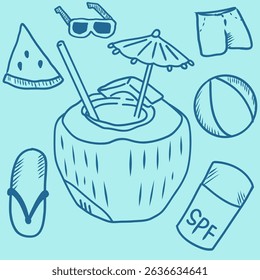 Hand-drawn summer doodle vector with fresh coconut drink, beach ball, sunglasses, and holiday essentials. Fun and minimal illustration for vacation, tropical, and holiday themes