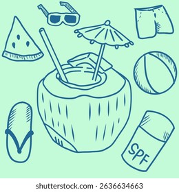 Hand-drawn summer doodle vector with fresh coconut drink, beach ball, sunglasses, and holiday essentials. Fun and minimal illustration for vacation, tropical, and holiday themes