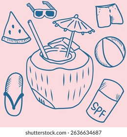 Hand-drawn summer doodle vector with fresh coconut drink, beach ball, sunglasses, and holiday essentials. Fun and minimal illustration for vacation, tropical, and holiday themes