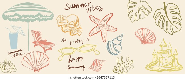 Handdrawn Summer Doodles with Retro Aesthetic and Minimalist Style in Pastel Tones. Vector illustration