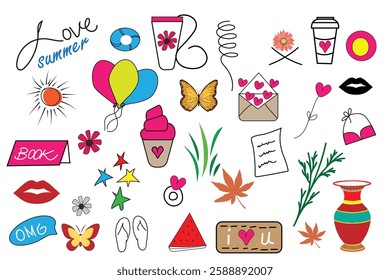 Handdrawn summer elements, celebration decor, birthday party and picnic decor set illustration
