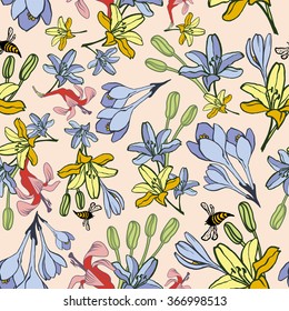 Hand-drawn summer flower vector seamless pattern