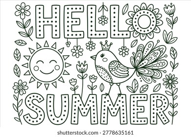 Hand-drawn summer greeting vector illustration featuring cheerful sun, smiling bird, and floral patterns celebrating warm season with playful doodle style