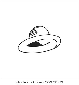 Hand-drawn summer hat for women, single element. Graphic doodle, sketch, outline drawing isolated on white. Vector illustration