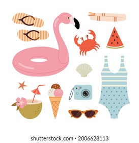 Hand-drawn summer holidays set. Sandals, coconut, crab, seashells, sunglasses, film camera, towel, ice cream, inflatable swimming ring flamingo. Colored flat vector illustration isolated on white.