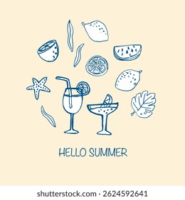 Hand-drawn summer icons: cocktails, citrus fruits, starfish, tropical leaves. dolce vita summer doodle vector illustration. Italian style.