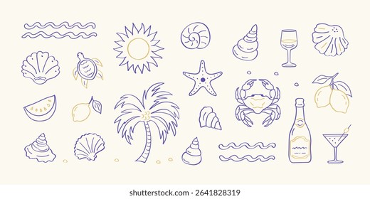 Hand-drawn summer icons in minimalist line art style: palm tree, lemons, cocktail, vine, sun, sea, crab, and seashells. Ideal for vacation, ocean vibes, travel, and beach party themes. Vector art.