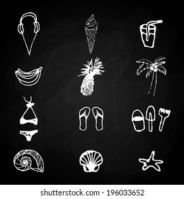 Hand-drawn summer icons set on the chalkboard
