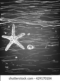 Hand-drawn summer illustration. Starfish on sand beach and sea.