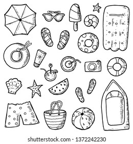 Hand-drawn summer illustrations. Vector cartoon doodles. Isolated objects on a white background. Tour conception.