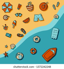 Hand-drawn summer illustrations. Vector cartoon doodles. Isolated objects. 