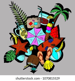 Hand-drawn summer illustrations. Vector doodles. Colorful sketches. All objects separate.