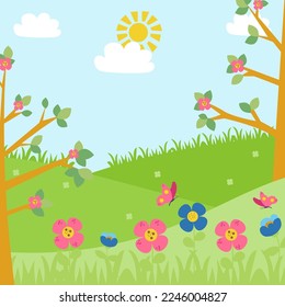 Hand-drawn summer landscape. Summer time landscape background with flowers