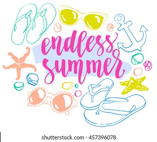 Hand-Drawn summer lettering with beach objects.