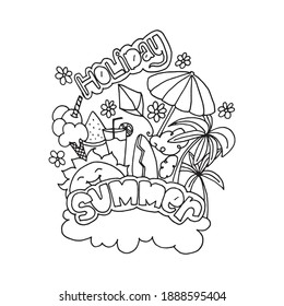 hand-drawn 'Summer' lettering outlined in black against a white background, accompanied by a delightful sun, cloud, and flower illustration. Ideal for seasonal artwork or vibrant designs.