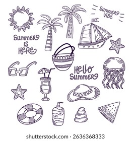 Hand-drawn summer line art set tropical vacation icons. Sketch collection. For coloring pages, stickers, cards, or design projects. Vector illustration