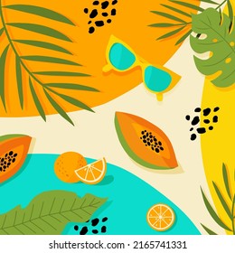 Handdrawn summer look flatlay. Palm tree leaves, sunglasses, papaya and oranges. Vector illustration.