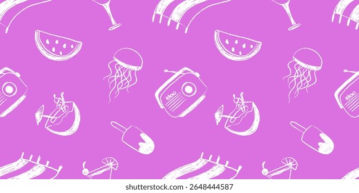 Hand-drawn summer pattern with beach loungers, cocktails, radios, jellyfish, and watermelon slices on a pink background. Fun and relaxing design for textiles, wrapping paper, or stationery.