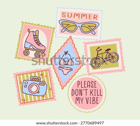 Hand-drawn summer postage stamp set with sunglasses, quad roller skate, bikini, bicycle, camera, and quote. Retro pastel doodle style for stickers, social media, branding, scrapbooking, and packaging.