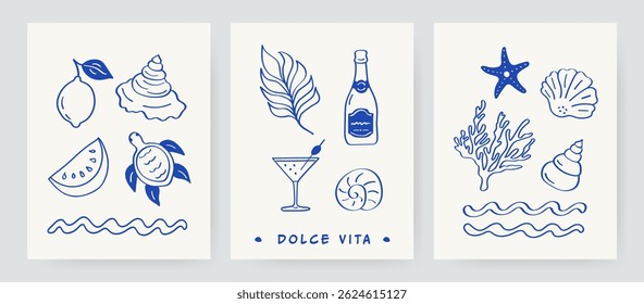 Hand-drawn summer poster set, Dolce Vita concept, minimalist line art of palm trees, sun, fruits, seashells, and beach icons in doodle sketch style, perfect for vacation prints and invitations.