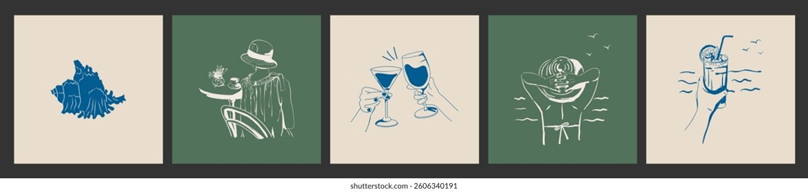 Hand-drawn summer posters. A shell sketch, a girl in a hat at a cafe table, wine, a cocktail hand. Vector illustration for postcards, travel, leisure, print.