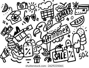  Hand-drawn summer sale doodles with beach and vacation elements