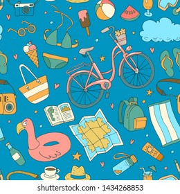 Hand-drawn summer seamless pattern. Beach life.