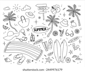 Hand-drawn summer set of doodle style illustrations. Vector doodle style icons on white background. 