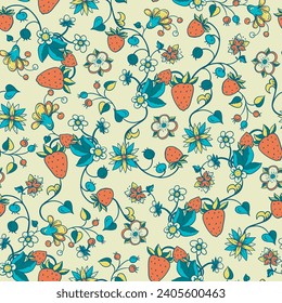 Hand-drawn Summer Strawberry Floral Seamless Pattern