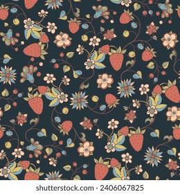 Hand-drawn Summer Strawberry Floral Seamless Pattern