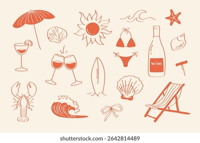 Conjunto de férias de verão desenhado à mão: copos de vinho, sol, ondas, lagosta, guarda-sol, biquíni, conchas marinhas, prancha de surf. Perfeito para projetos de viagem e design com tema de praia.