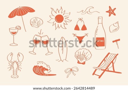 Hand-drawn summer vacation set: wine glasses, sun, waves, lobster, parasol, bikini, seashells, surfboard. Perfect for beach-themed design and travel projects.