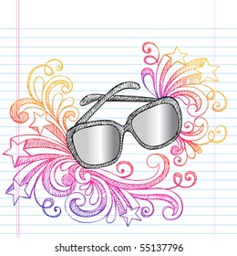 Hand-Drawn Summer Vacation Swirly Sunglasses Sketchy Notebook Doodles Vector Illustration on Lined Sketchbook Paper Background