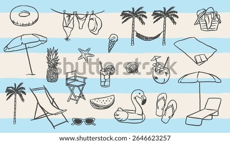 Hand-drawn summer vacation vector illustrations in a grunge style using chalk or charcoal. Ideal for editorial designs, travel branding, print products, or social media.