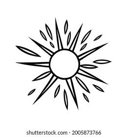 Sol dibujado a mano con vigas. Sol brillante al estilo de doodle. Ilustración vectorial en blanco y negro aislada en fondo blanco