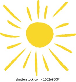 Hand-drawn sun. Children's drawing. Element of summer and nature. Heat and hot. Cartoon illustration. Yellow warm object