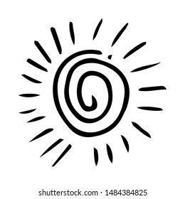 Handdrawn sun doodle icon. Hand drawn black sketch. Sign cartoon symbol. Decoration element. White background. Isolated. Flat design. Vector illustration.