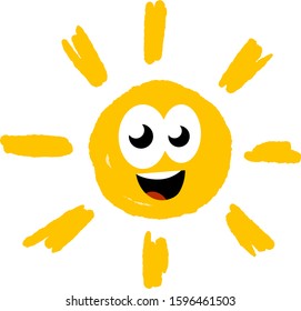 Hand-drawn sun. Element of summer and nature. Yellow warm object. Cartoon illustration. Children's drawing. Heat and hot with funny cute face.