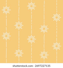 Dibujado a mano icono de sol de dibujos animados y línea sin patrón. Ilustración vectorial de signo de luz solar. Concepto de verano de luz del día para impresiones, textiles, envoltura, Fondo de pantalla, tarjeta, regalo de papel.
