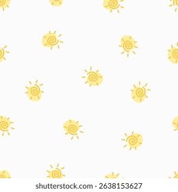 Hand-drawn sun icon cartoon seamless pattern background. Hand-drawn sun icon in flat style. Sunlight sign vector illustration. Daylight seamless pattern summer concept.