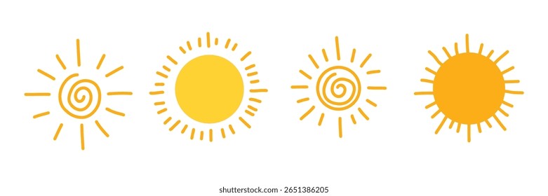 Hand-drawn sun icons set with spiral and ray elements. Cute doodle style in warm yellow tones. Summer clipart for kids, weather apps, seasonal design, or creative projects. Vector illustration