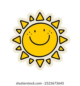 Hand-drawn sun illustration. Creative sticker symbolizing warmth, energy, and positivity. Vector illustration for summer designs, nature themes, and cheerful vibes