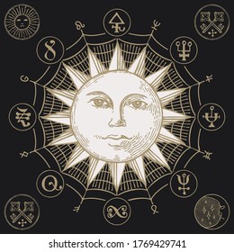 Hand-drawn Sun with magic symbols and anthropomorphic face in retro style on the black background. Vector banner with esoteric signs written in a circle