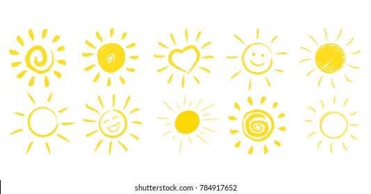 Hand-drawn sun in many vector forms