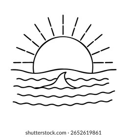 Sol desenhado à mão sobre ondas oceânicas com um gráfico de barbatana de tubarão no vetor