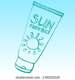 La crema protectora por el sol dibujada a mano. Ilustración del vector