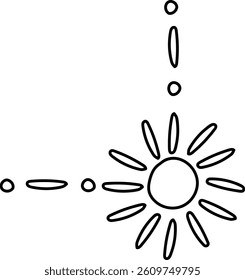 A hand-drawn sun with rays and dotted lines forms a corner element.  This simple graphic features a circular sun and linear rays extending outwards in a corner shape. Cartoon vector illustration