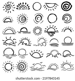 Hand-drawn sun, sun rays, sketch of the sun, doodle style. Illustration of vector line art.