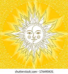 Hand-drawn sun in retro style on yellow background